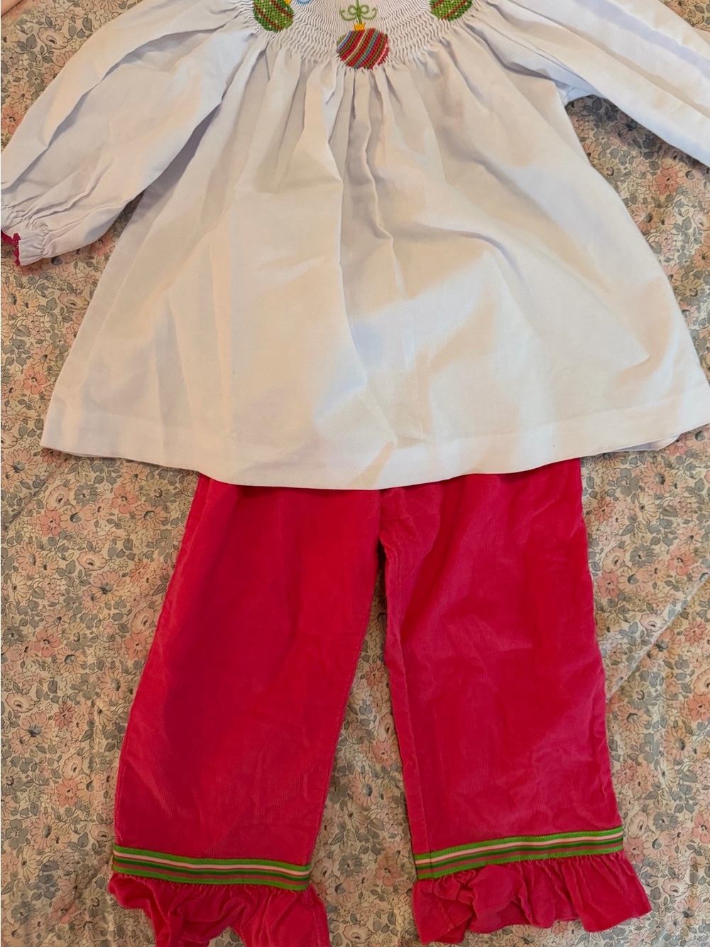 Girls White Smocked Top & Pink Ruffle Pants Matching Set